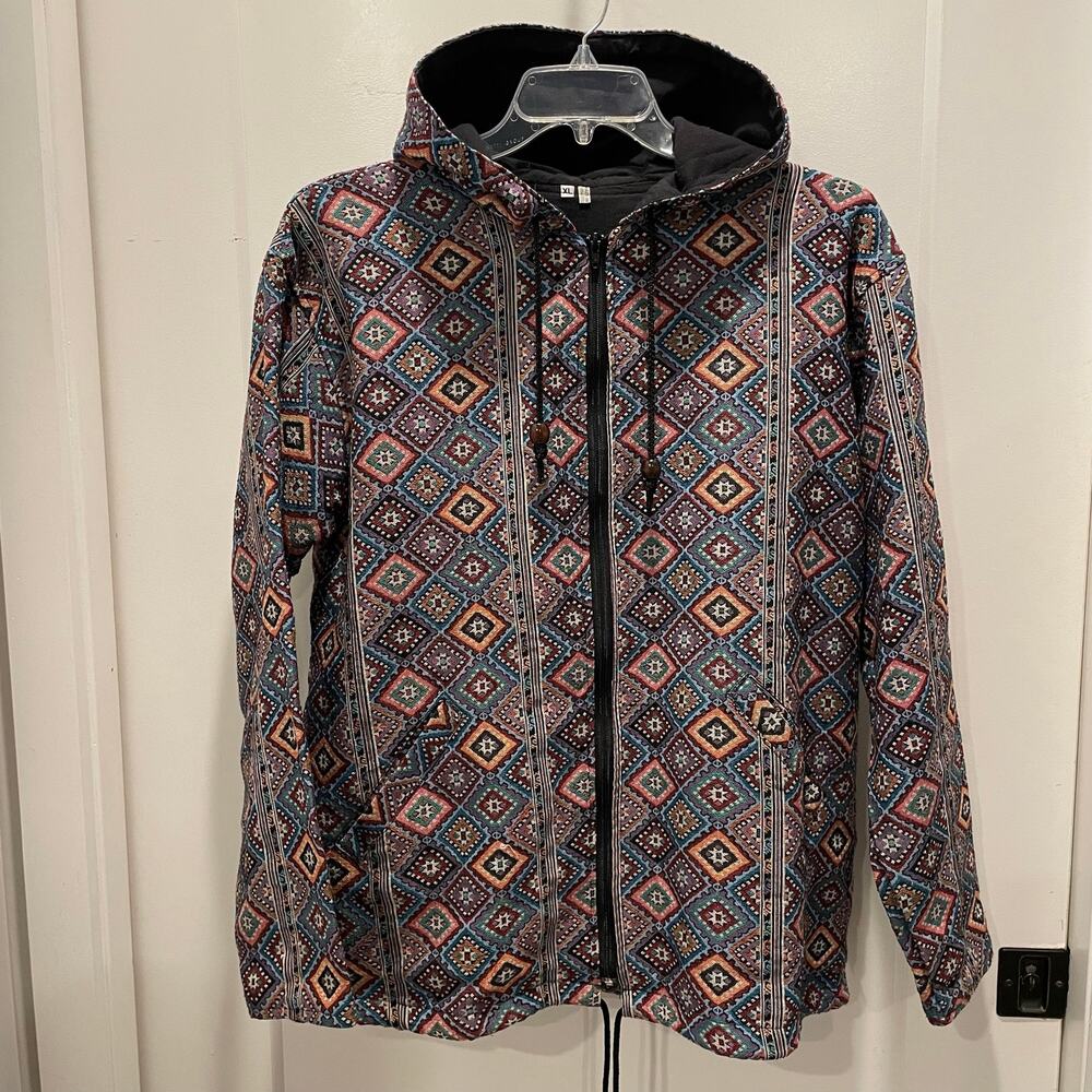 Hooded Jacket Womens XL Southern Western Geometric Print Tapestry Indie Full Zip